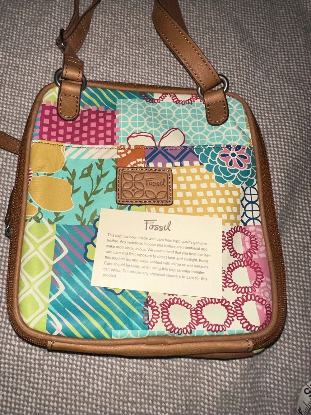 Fossil Patchwork Floral Crossbody in Multicolor with Brown Trim